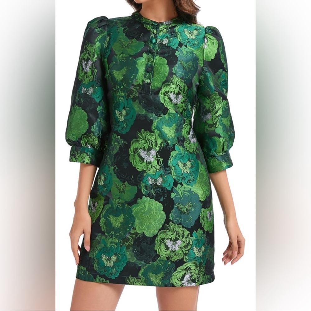 Chic jacquard elegant Green Floral Long Sleeve Dress New